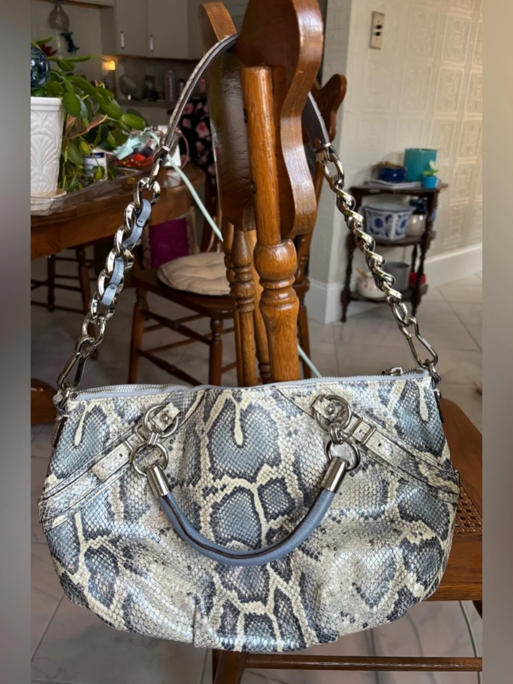Coach Python-Print Leather Shoulder Bag in Blue, Gray and Cream
